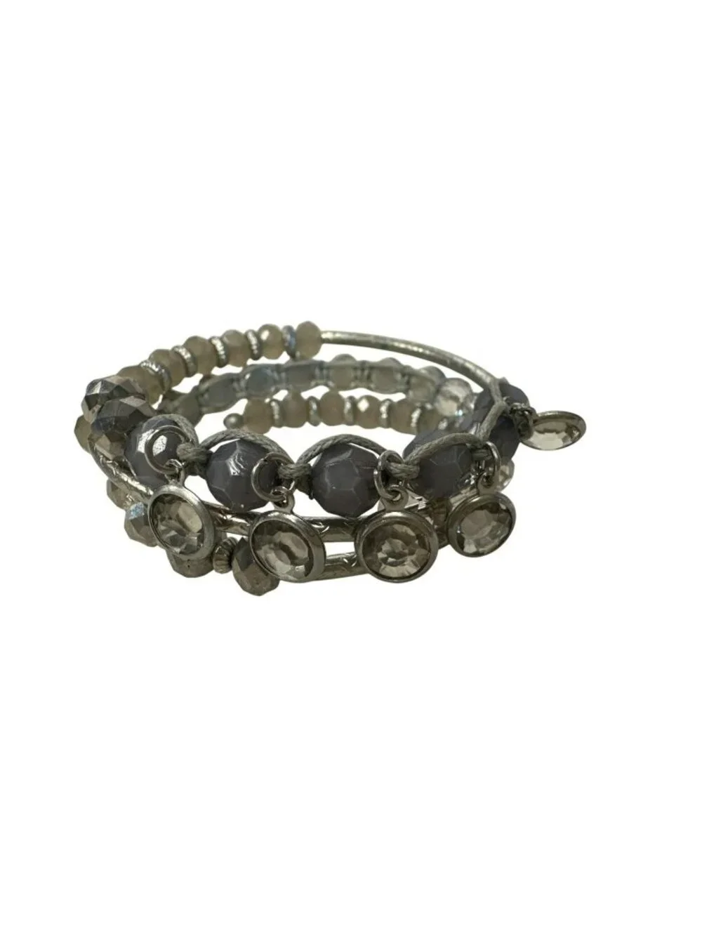 Crystal & Beaded Silver-Tone Wrap Bracelet Faceted Shakey Textured
